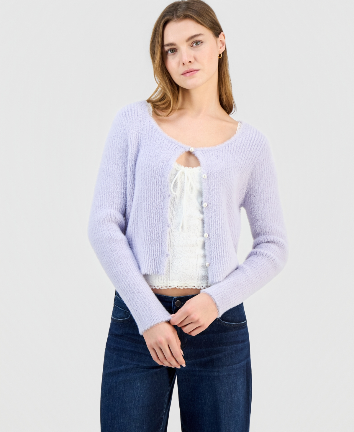 Hooked Up By Iot Juniors' Eyelash Button-front Cardigan In Purple