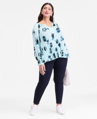 Plus Size Printed Pleated Split-Neck Blouse, Macy's Exclusive 