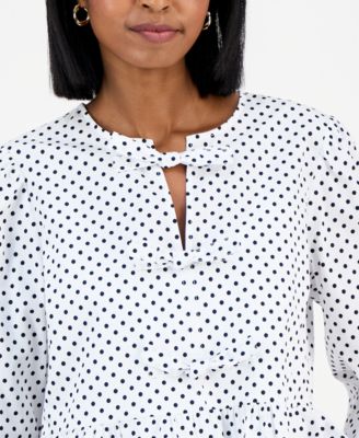 Women's Dot-Print Bow-Trim Cotton Peplum Blouse 
