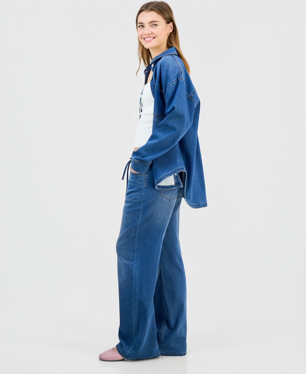 Indigo Rein Juniors' Med Knit Denim Wide-Leg Jeans