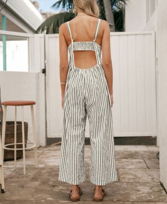 Women's Striped Smocked Cutout Back Wide Leg Jumpsuit