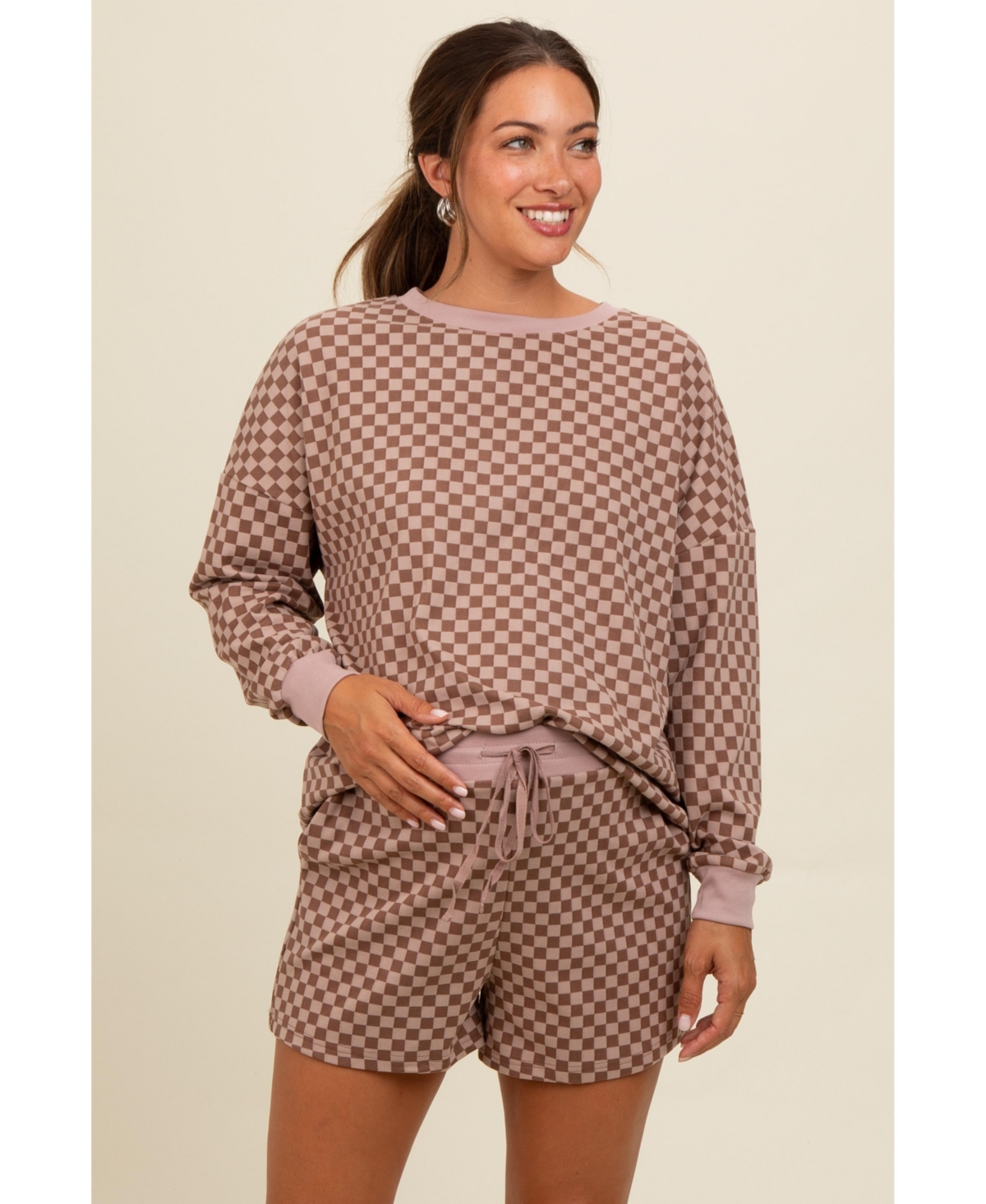 Pinkblush Maternity Mocha Checkered Plaid Pullover Shorts Set