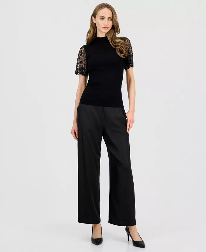 Women's Beaded-Sleeve Mock Neck Sweater - thumbnail 6