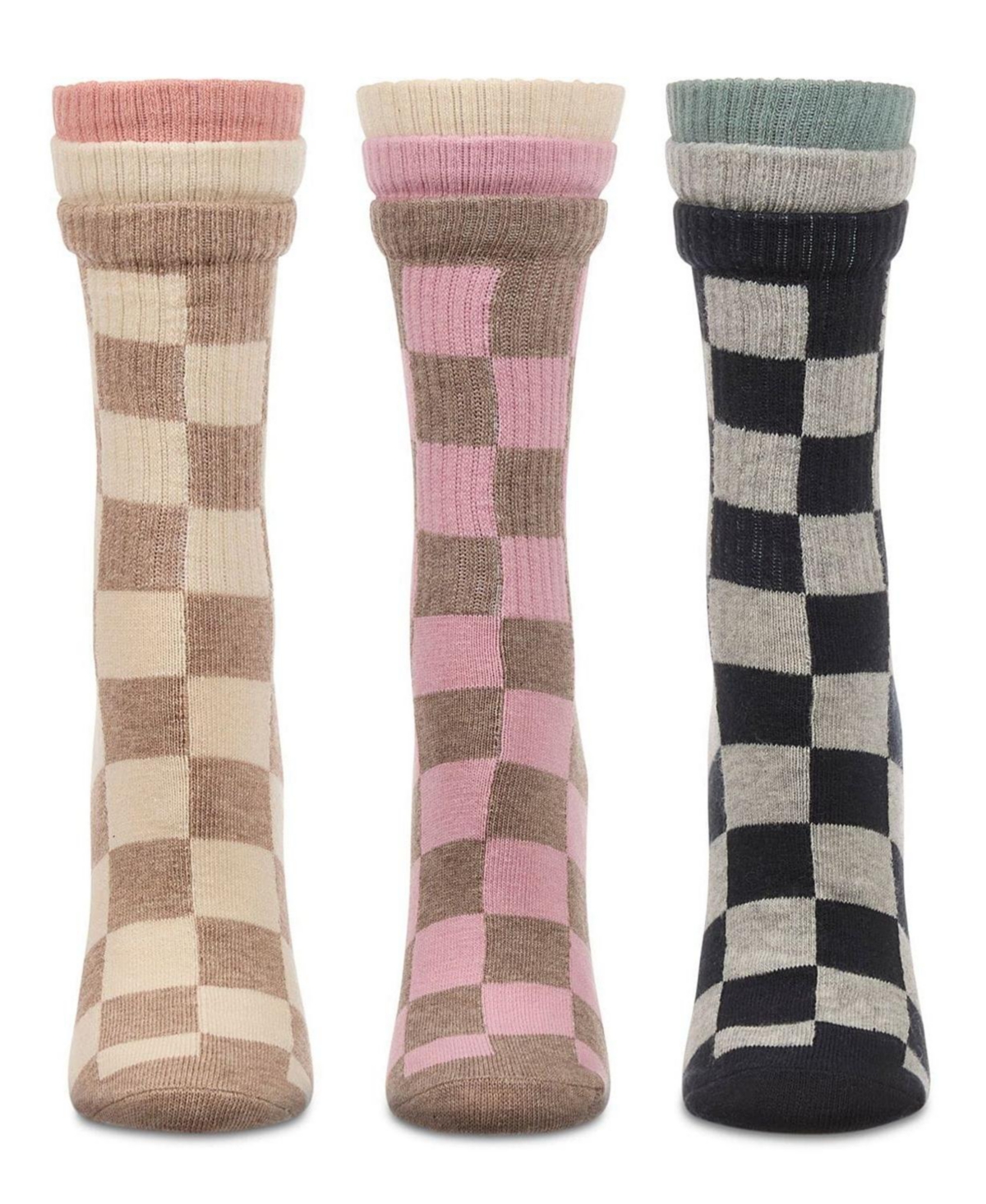 MeMoi Women's 3 Pair Pack Checkmate Triple Cuff Crew Socks