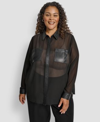 DKNY - Plus Size Collared Neck Long Sleeve Top