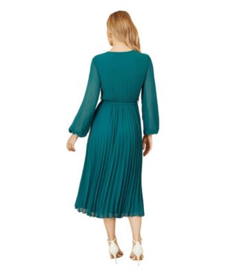 Women's Long Sleeved Pleated Midi Wrap Dress