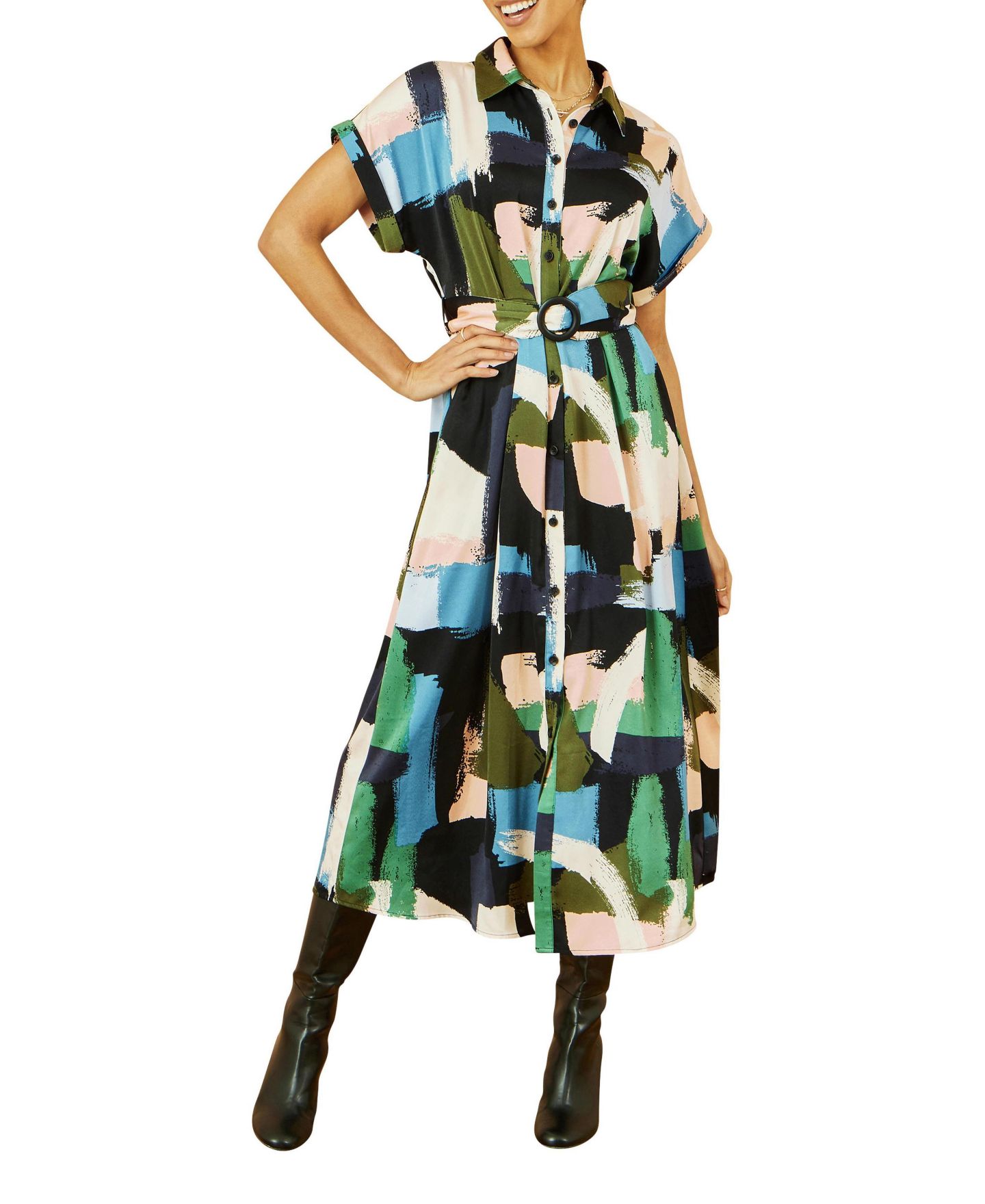 Женское платье Yumi Brushstroke Print Relaxed Shirt Dress, цвет: Разноцветный — фото 5