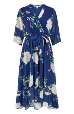 Women's Bird And Floral Print Midi Wrap Dress