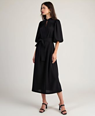 Women's Belted Puff Sleeve Midi Dress