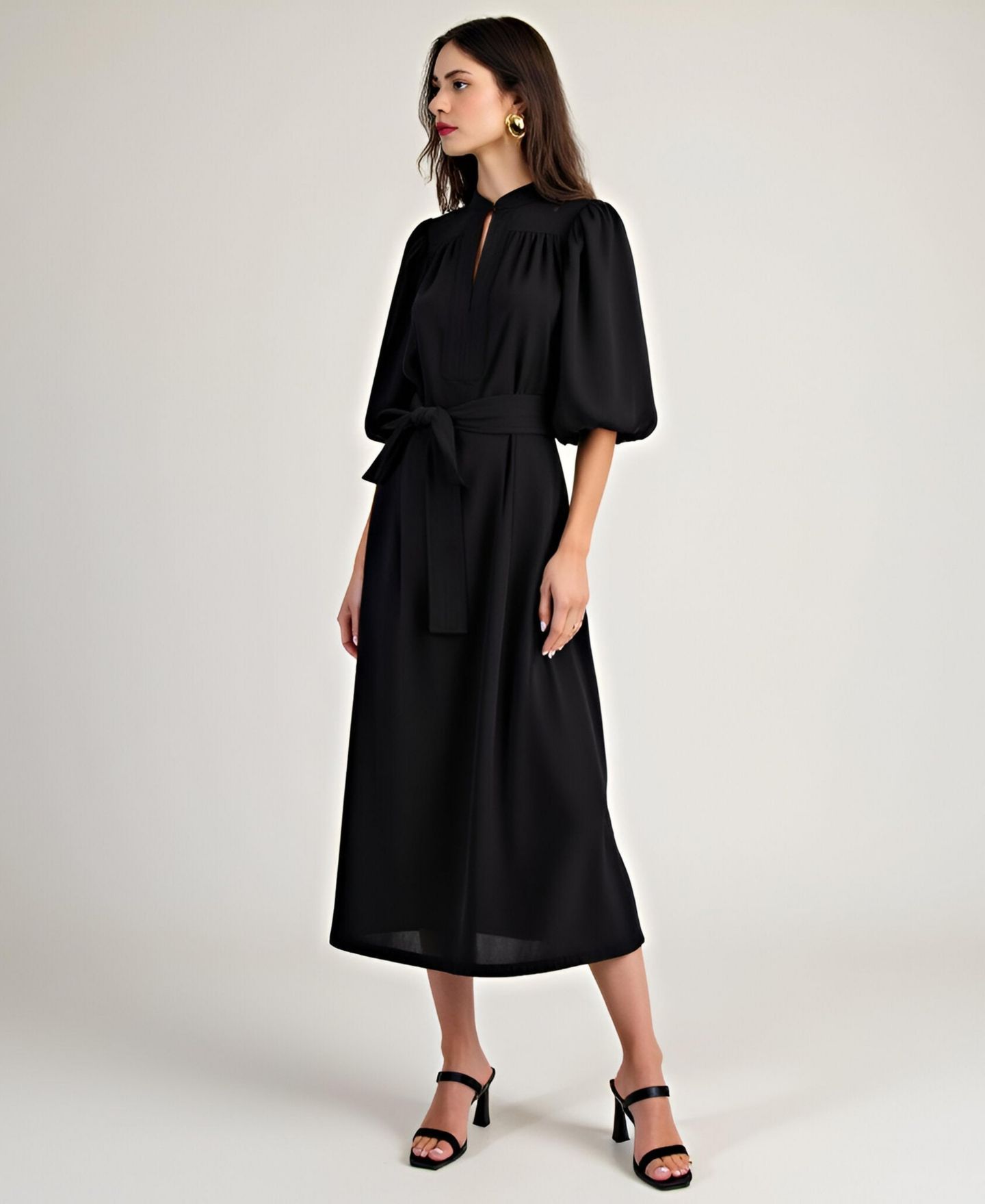 Женское платье Modenaire Lark Puff Sleeve Self-Tie Midi, цвет: Чёрный — фото 3