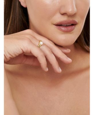 Freshwater Pearl on Rope Ring in Gold Plated Sterling Silver, Size 9