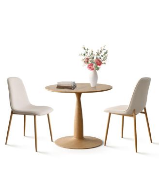 3-Piece 34.5" Dining Set with Sculpted Pedestal Table and 2 Upholstered Chairs with Curved Back and Light Wood Legs