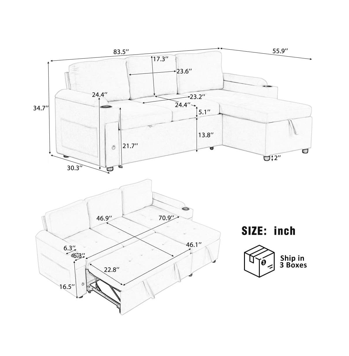 Maison Boucle 83.5'' L-Shaped Sleeper Sofa Bed with Reversible Chaise, Pull-Out Bed, Usb Ports, Cup Holders & Storage Drawers for Living Room