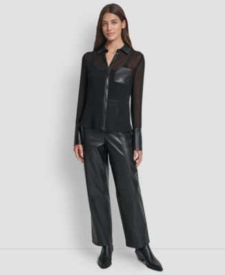 DKNY Jeans - Women's Faux-Leather Trim Sheer-Mesh Shirt