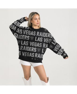 Gameday Couture - Women's Black Las Vegas Raiders Relaxed Drop Shoulder Hype Era Rhinestone Text Sweatshirt