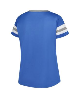 Women's Blue Detroit Lions Plus Size Rhinestone Redzone Athena Lace-Up Notch Neck T-Shirt
