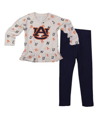 Wes & Willy - Girls Toddler 2-Piece Oatmeal Auburn Tigers Ruffle Raglan Long Sleeve T-Shirt and Leggings Set