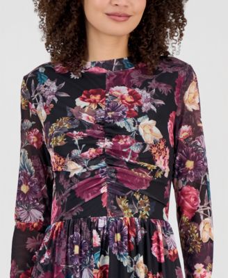 Women's Floral Mock Neck Tiered Midi Dress