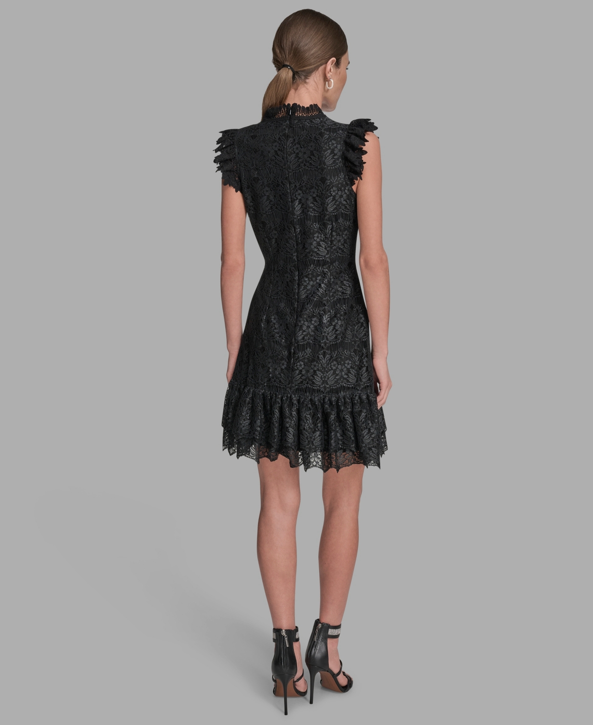 Bcbg Women's Floral Lace Ruffle Hem Shift Dress In Black