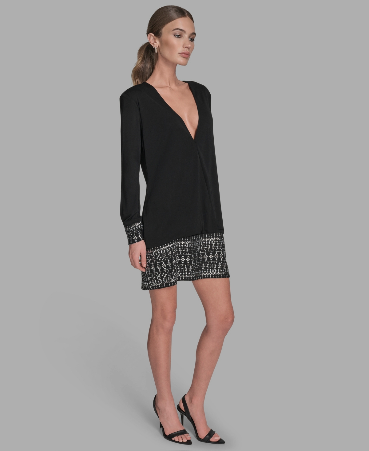 Bcbg Rhinestone Detail Long Sleeve Dress In Black