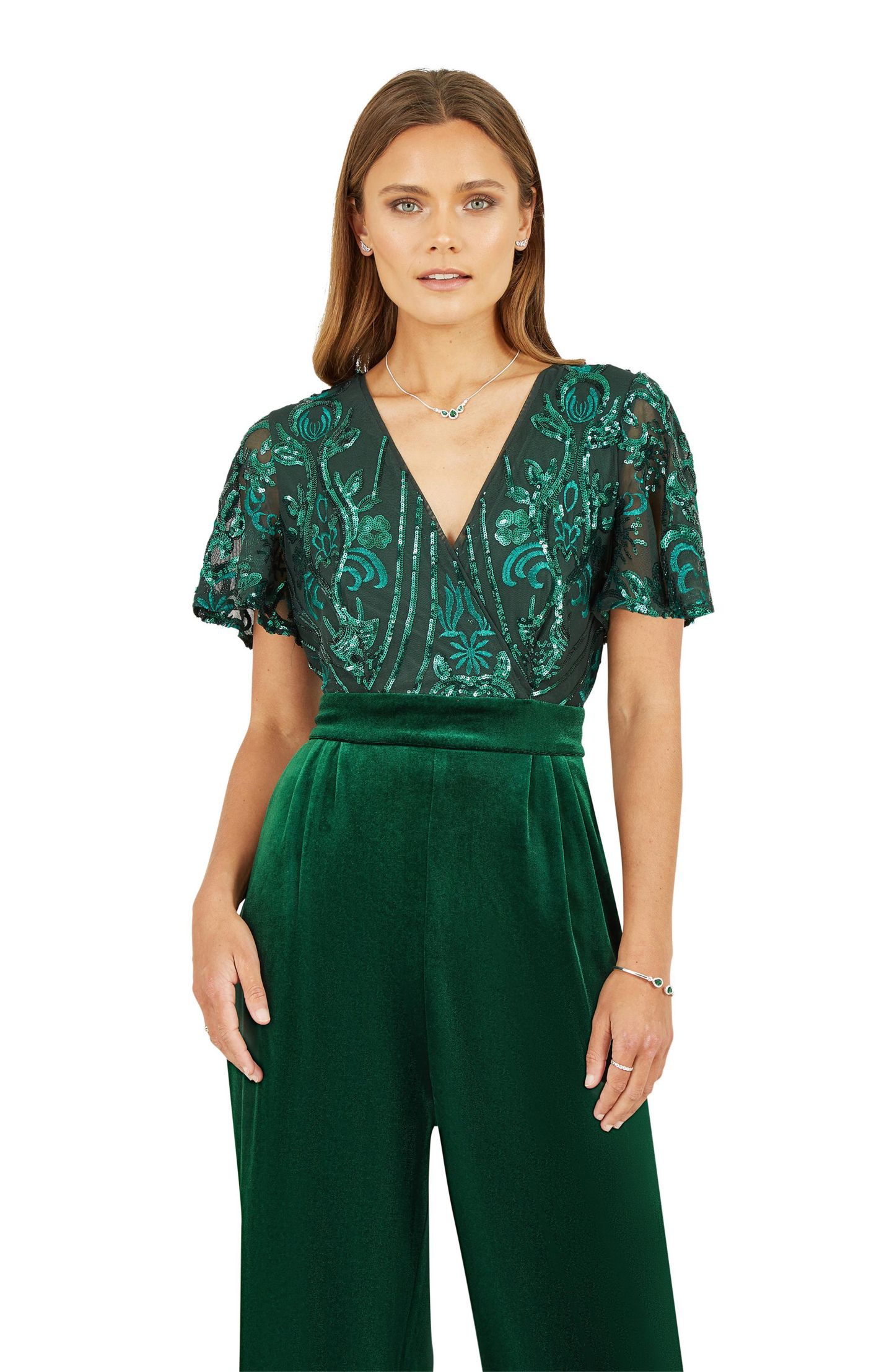 Женский комбинезон Yumi Wrap Sequin Embellished Velvet Jumpsuit, цвет: Зелёный — фото 4
