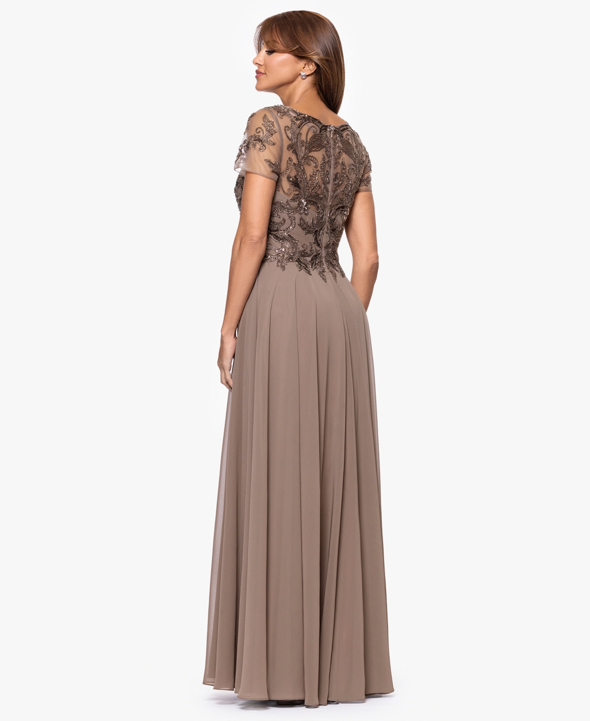 Xscape Petite Long Bead Mesh Crew Neck Dress In Brown