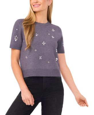 CeCe - Women's Embellished Short Sleeves Sweater