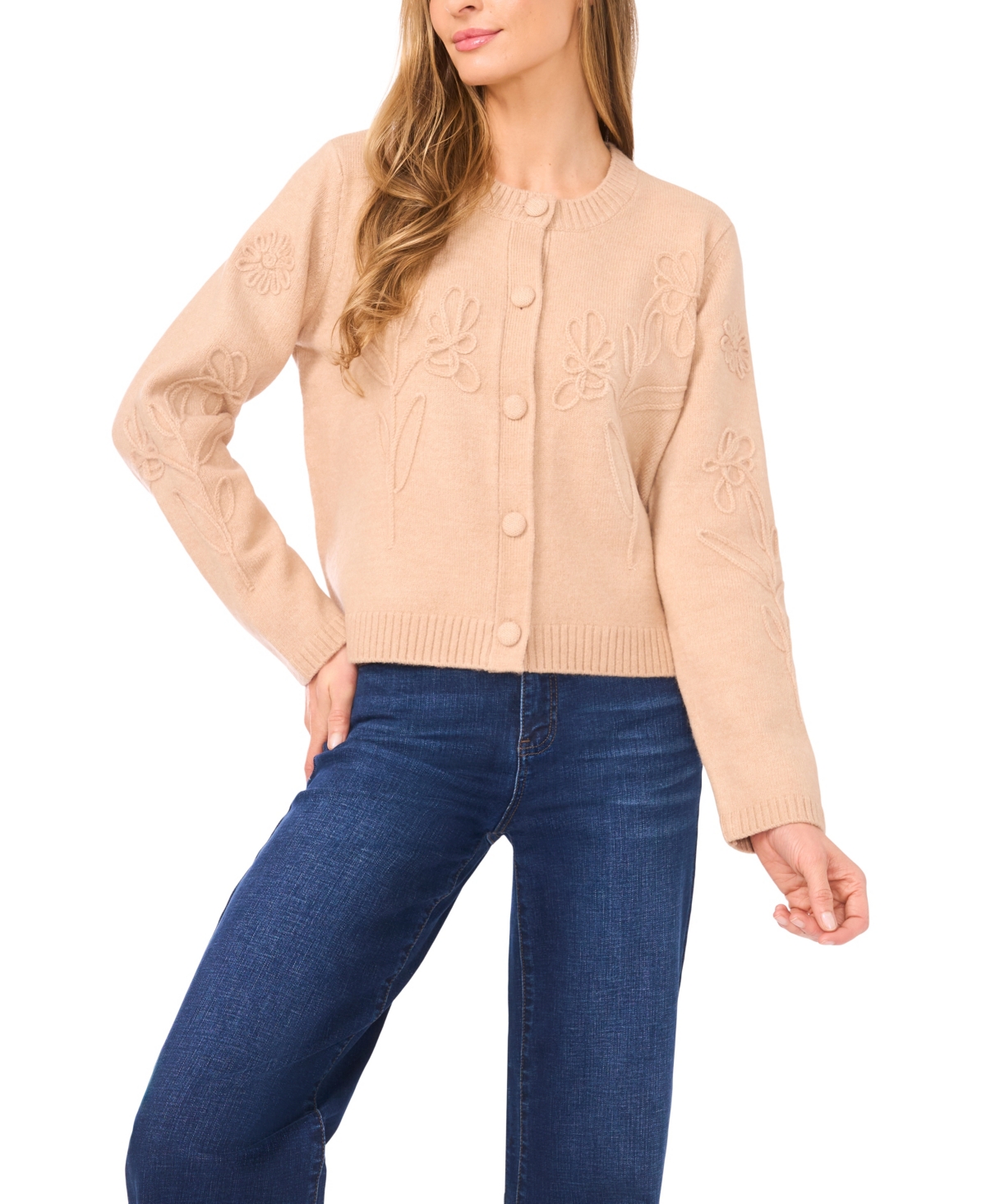 CeCe Women's Flower Embroidery Long Sleeves Cardigan Sweater