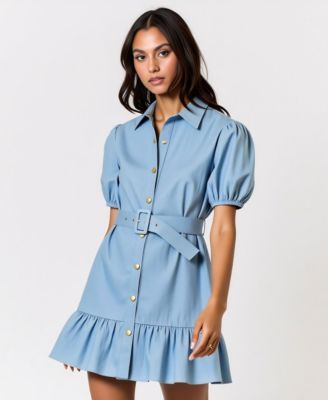 Women's 100% Cotton Belted Puff-Sleeve Mini Dress