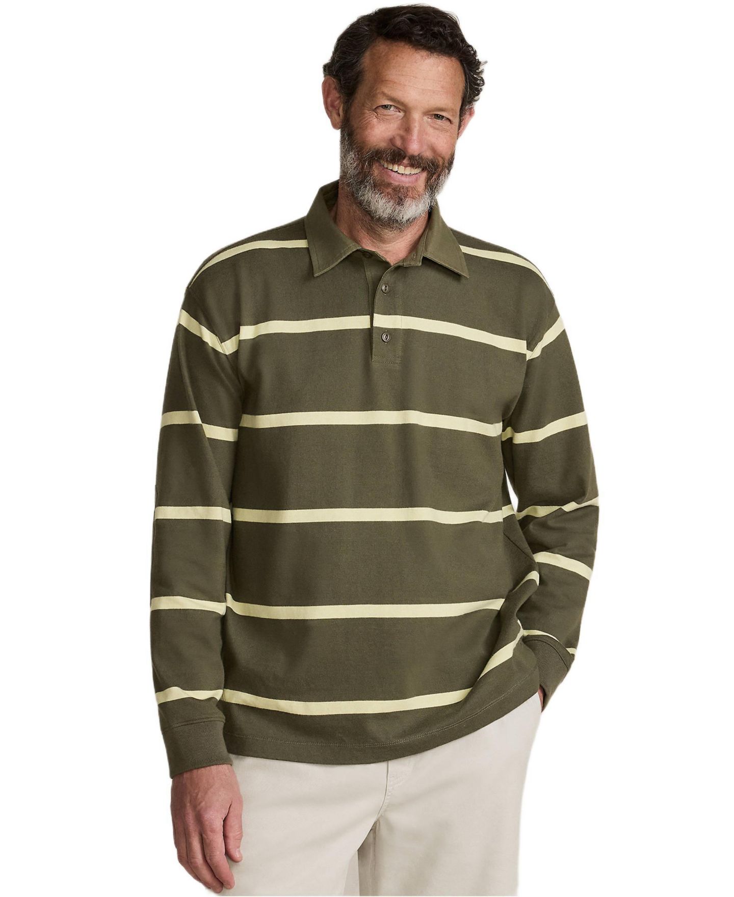 Мужское поло Lands' End Long Sleeve Rugged Rugby Polo, цвет: Тёмно-зелёный мох / Лаймовый полосатый — фото 1