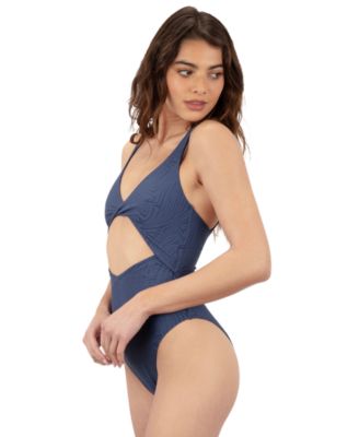 Juniors' Wave Jacquard Twist-Front Cheeky One Piece Swimsuit 
