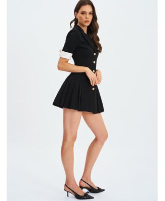 Women's Ilitha Black Woven Crepe Pleated A-Line Mini Dress