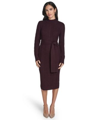 Women's Long Sleeve Mock Neck Belted Midi Sweater Dress