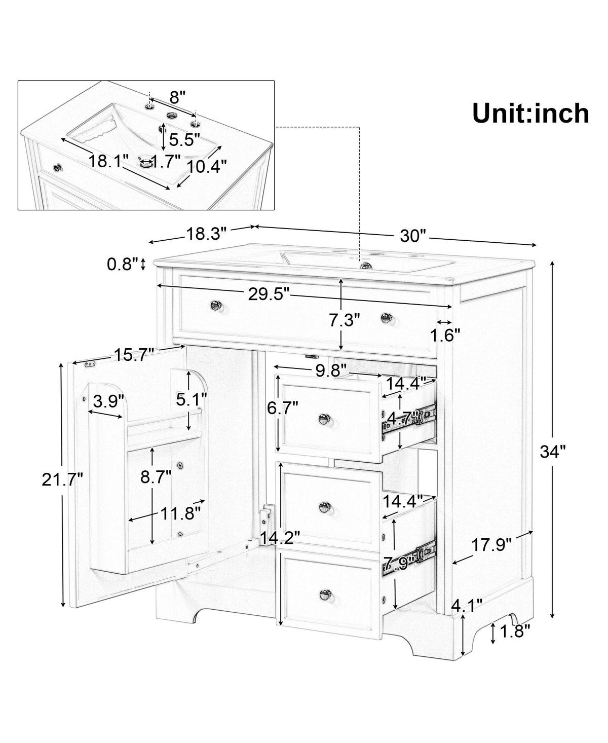 Casainc 30" Bathroom Vanity with Sink Top, Cabinet with Door and Two Drawers, Solid Wood and Mdf, One Package