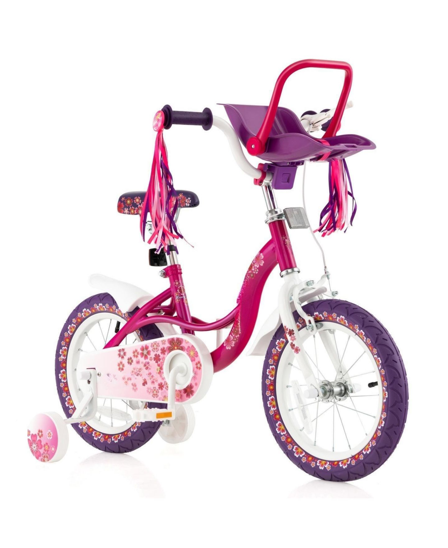 Детская игрушка HONGGE 16 Inch Kids Bike with Removable Training Wheels and Doll Seat, Ages 4-7, цвет: Розовый / Фиолетовый — фото 1