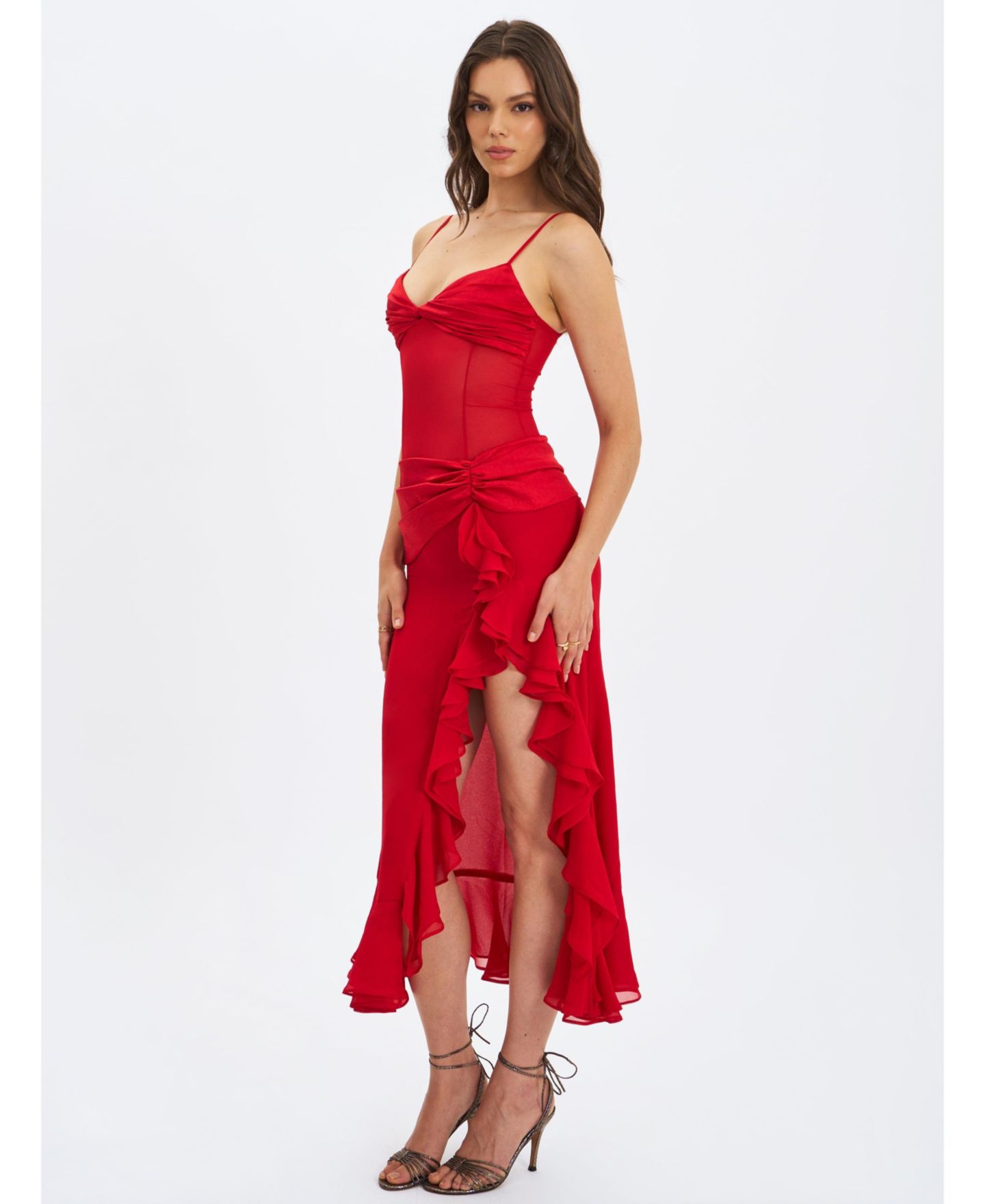 Женское платье Miss Circle Dahlina Red Ruched Waist High Slit Maxi, цвет: Красный — фото 7