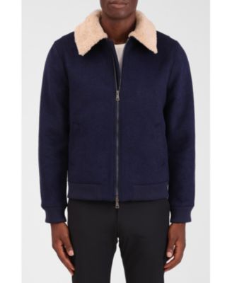 Men's Wool Blend Faux Fur Collared Bomber Jacket