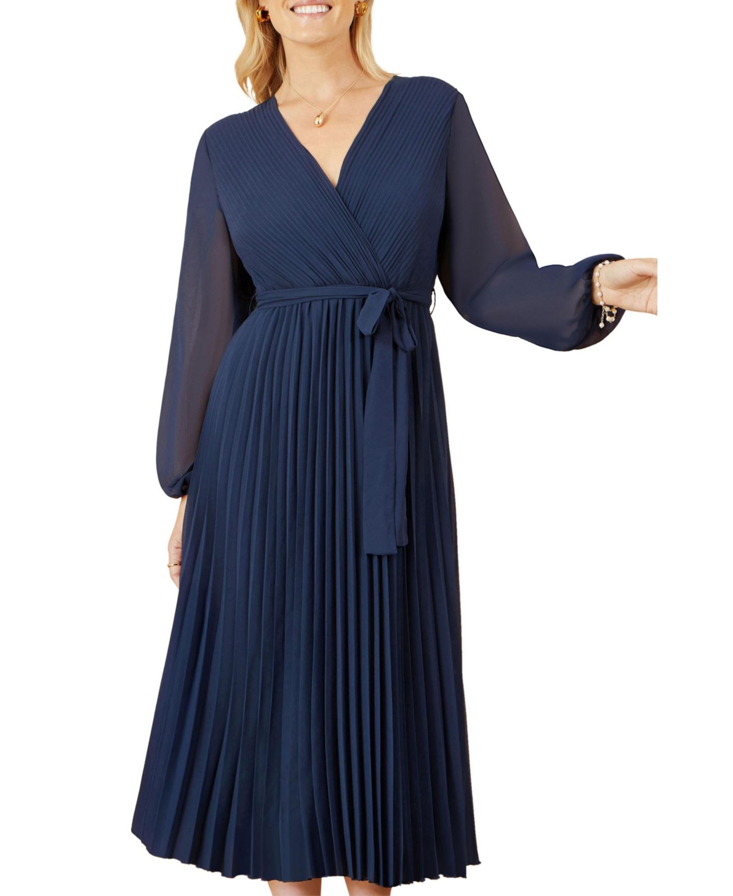 Женское платье Yumi Long Sleeved Pleated Midi Wrap, цвет: Тёмно-синий — фото 8