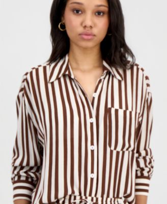 Juniors' Button-Down Striped Crinkle Gauze Cover-Up Shirt, Macy's Exclusive
