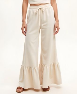 Women's Sleeveless Textured Mock-Neck Crop Top & Tiered Wide-Leg Drawstring Pants 2-Pc. Set