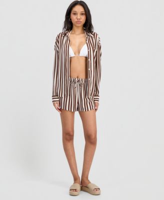 Juniors' Striped Crinkle Gauze Cover-Up Dolphin Shorts, Macy's Exclusive