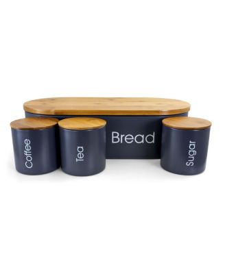 Bamboo Kitchen Countertop 4 Piece Metal Bread Basket and Canister Set in Gray with Lids