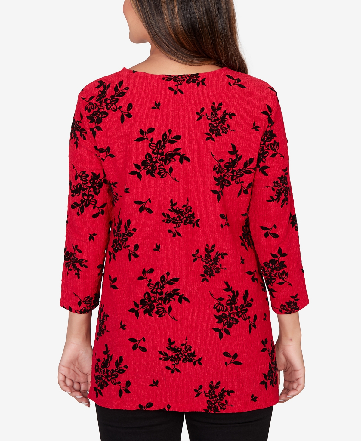 Ruby Rd. Petite Floral Flocked Texture Lace Trim Top In Multi