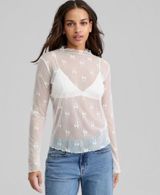Women's Bow-Motif Lace Mock Neck Top, Macy's Exclusive