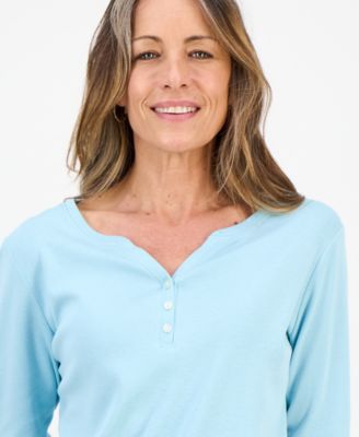 Petite Cotton Knit Henley 3/4-Sleeve Top