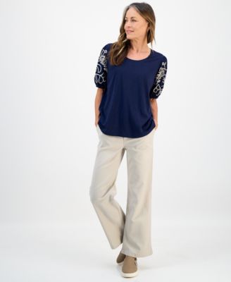 Petite Cotton Embroidered Elbow-Sleeve Top, Macy's Exclusive