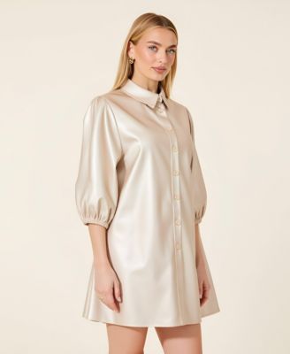 Women's Satin Button-Front Collared Puff-Sleeve Shirt Dress