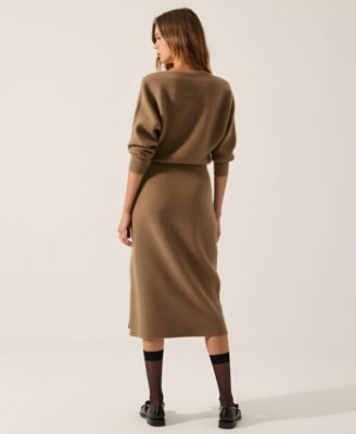Women's Rib Knit One Shoulder Dolman Midi Sweater Dress