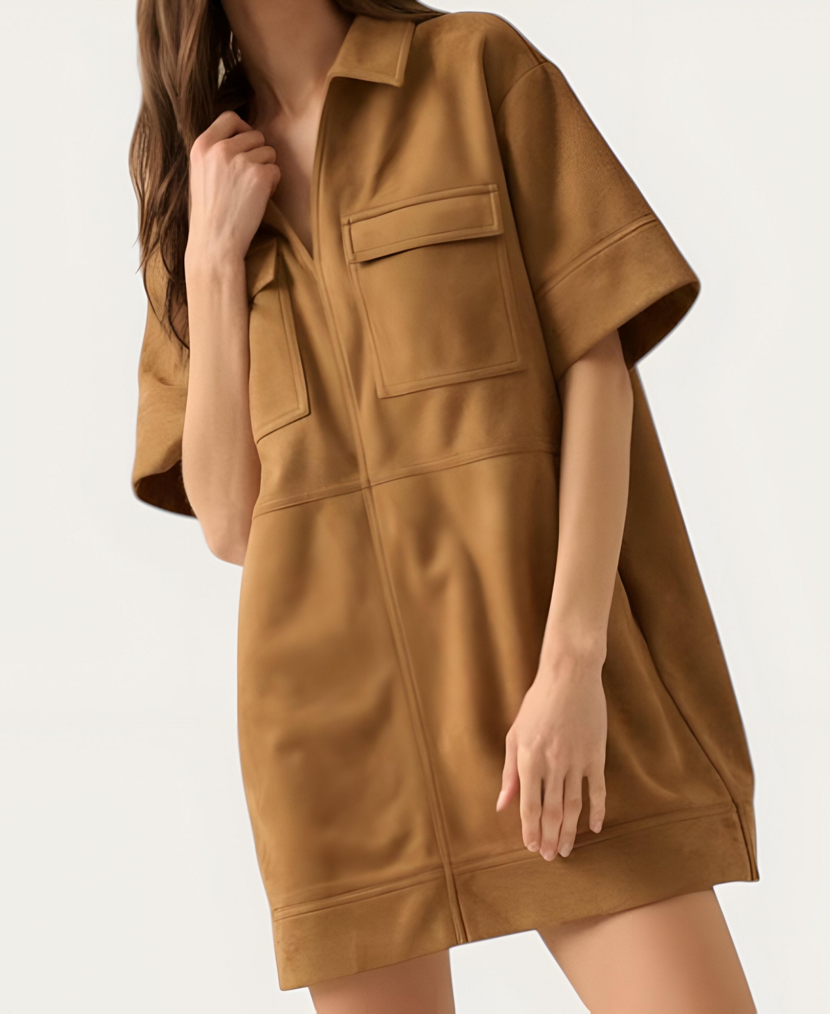 Modenaire Women's Faux Suede Collared Mini Shirt Dress
