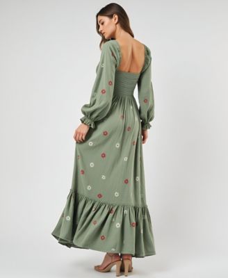 Women's Floral-Embroidered Smocked Tiered Maxi Dress